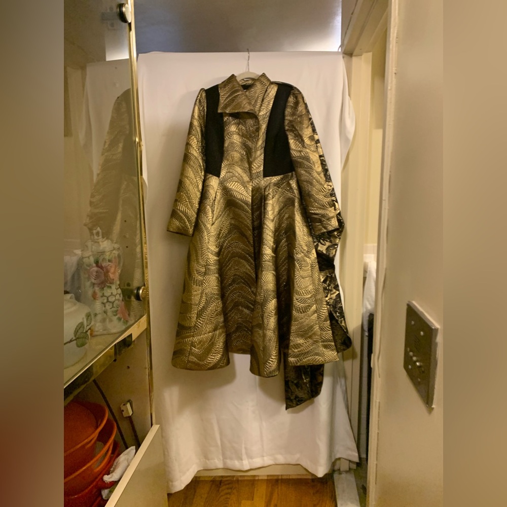 Making the Cut Metallic Jacquard Long Sleeve coat with Scarf